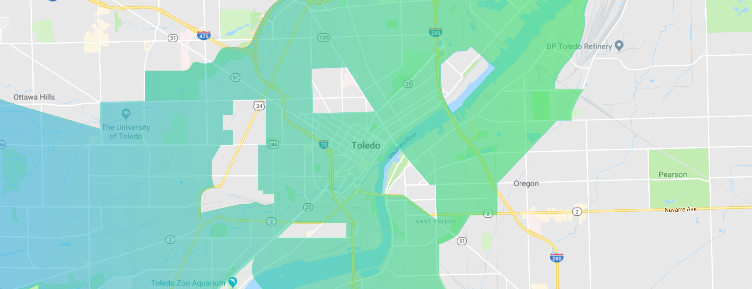 A map of Toledo has a blue filter outlining the USDA defined areas of a food desert, with Balance Farms downtown location plotted in the center.