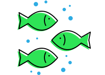 Three green cartoon drawings of fish surrounded by blue bubbles represent how fish are incorporated in an aquaponic farm.